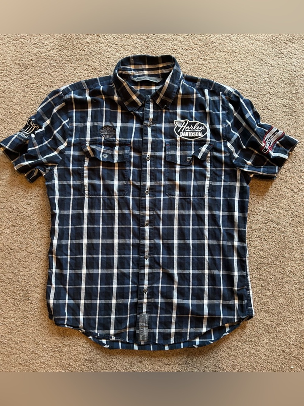 Harley Davidson Shirt Button Up Size Large Slim Patch Patches Plaid Like New